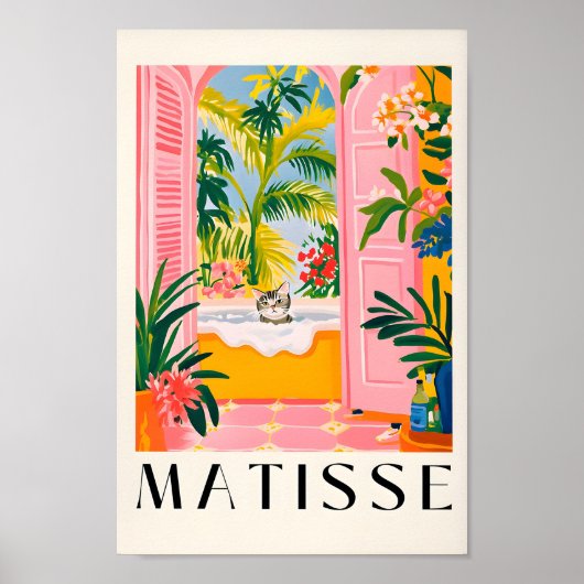 Grijze Tabby kat in een bad, roze badkamer muur Ar Poster (Voorkant)