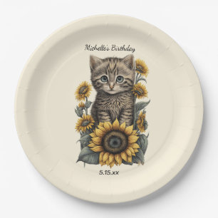 Grijze Tabby Kat Kitten Zonnebloemen Verjaardag Papieren Bordje
