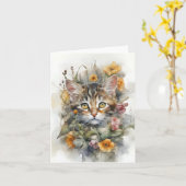 Grijze Tabby Kat met Bloemen Lege Wenskaart  Kaart (Gele Bloem)
