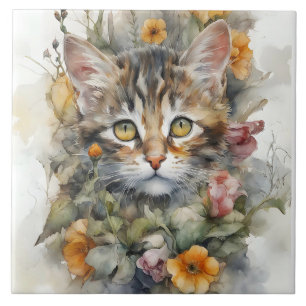 Grijze Tabby Kat met Bloemen Portret Tegeltje