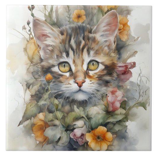 Grijze Tabby Kat met Bloemen Portret Tegeltje (Voorkant)