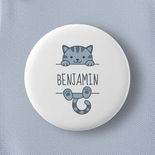 Grijze Tabby Kat Peking achter Aangepaste Naam Ronde Button 5,7 Cm