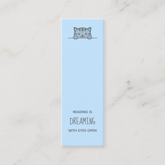 Grijze Tabby Kat Peking boven Bladwijzer Blauw Mini Visitekaartje (Voorkant)