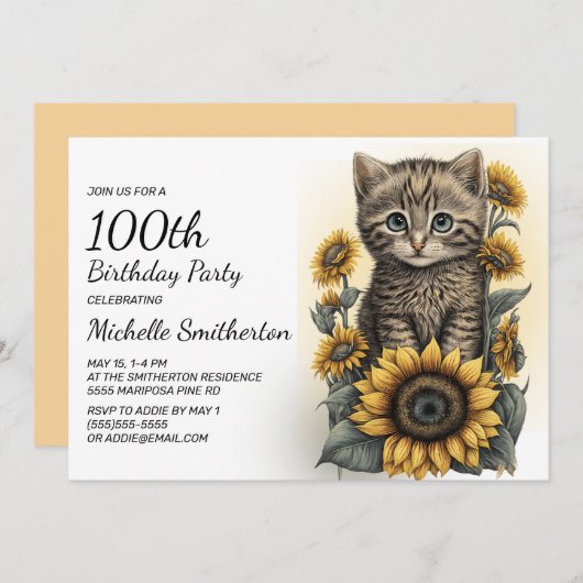 Grijze Tabby Kitten Kat Zonnebloemen 100ste Verjaa Kaart (Voorkant / Achterkant)