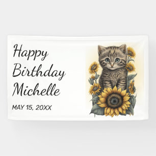 Grijze Tabby Kitten Kat Zonnebloemen Gefeliciteerd Spandoek