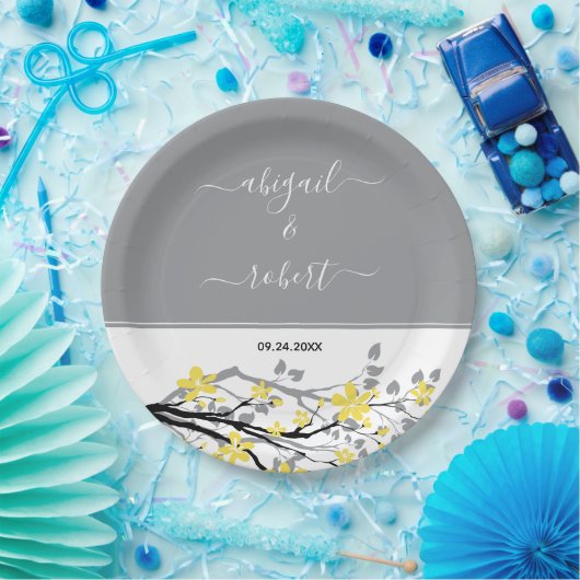 Grijze tak met gele bloemen, initialen bruiloft papieren bordje (Feest)