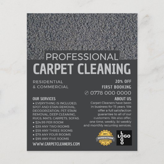 Grijze tapijt, tapijtreiniger, reinigingsservice flyer (Voorkant)
