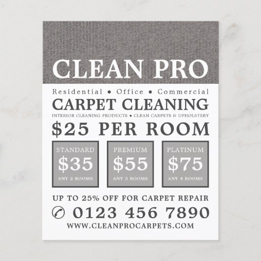 Grijze tapijt, tapijtreinigers, reinigingsservice flyer (Voorkant)