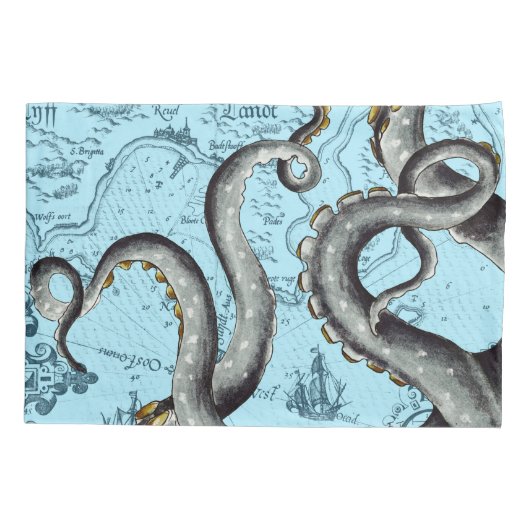 Grijze tentakels op blauwe  kaart kussensloop (Achterkant)