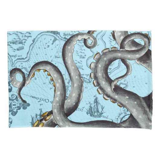 Grijze tentakels op blauwe kaart kussensloop (Voorkant)