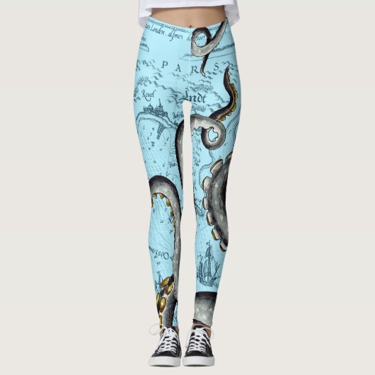 Grijze tentakels op blauwe kaart leggings (Voorkant)