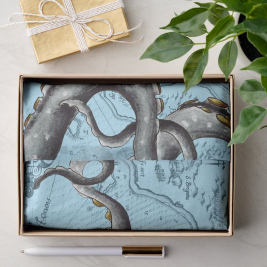 Grijze tentakels op blauwe  kaart tissuepapier (Geschenk)
