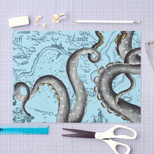 Grijze tentakels op blauwe  kaart tissuepapier (Craft)