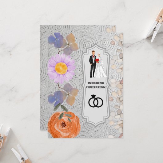 Grijze textuur Bloemen Islamitische bruiloft uitno Kaart (Voorkant / Achterkant in situ)