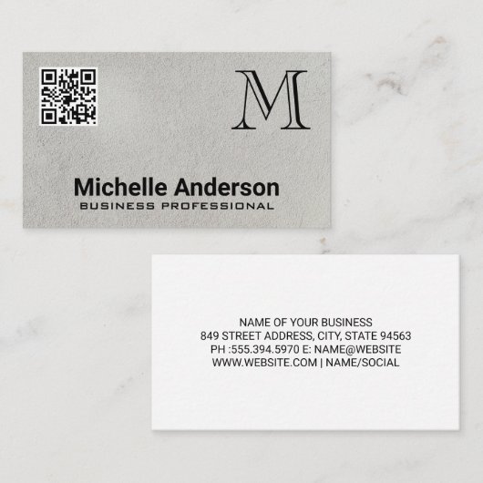 Grijze Textuur | Monogram QR-code Zakelijke Kaart Visitekaartje (Voorkant / Achterkant)