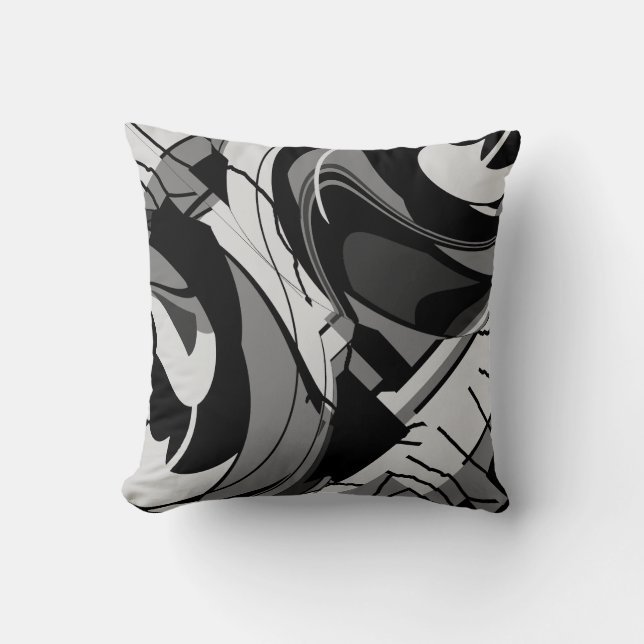 Grijze tinten op zwarte Abstracte vloeiende bloeme Kussen (Voorkant)
