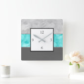 Grijze turquoise Block Stripes Vierkante Klok (Huis)