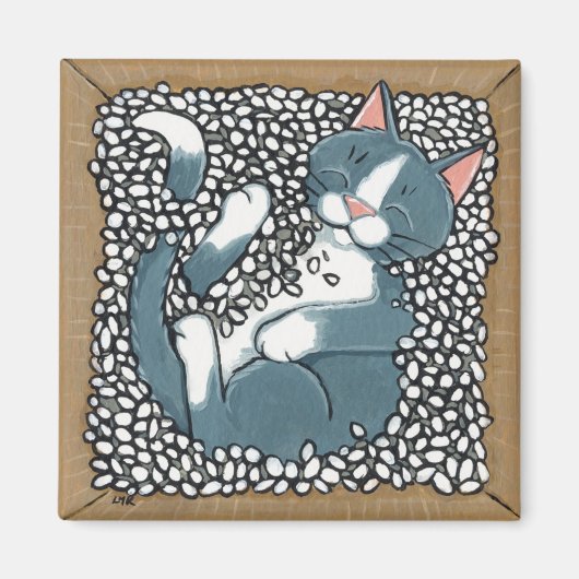 Grijze Tuxedo Kat Slapen in Doos van Verpakking Pe Magneet (Voorkant)