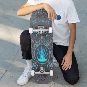 Grijze Uil Cool Modern Op Maat Gemaakte Naam Persoonlijk Skateboard