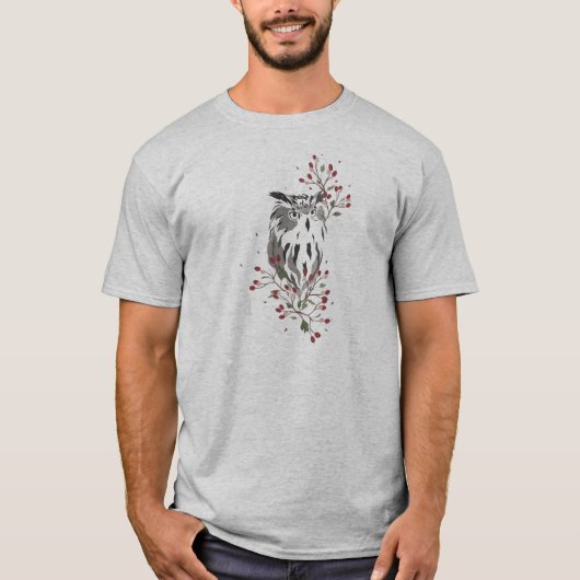 Grijze uil met bloemen en bladeren T-shirt (Voorkant)