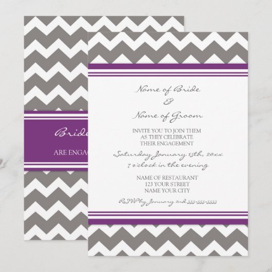 Grijze uitnodiging van Plum Chevron Engagement Par (Voorkant / Achterkant)
