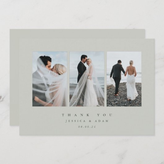 Grijze ultra-minimale driestuksfoto-weddenschap bedankkaart (Voorkant / Achterkant)