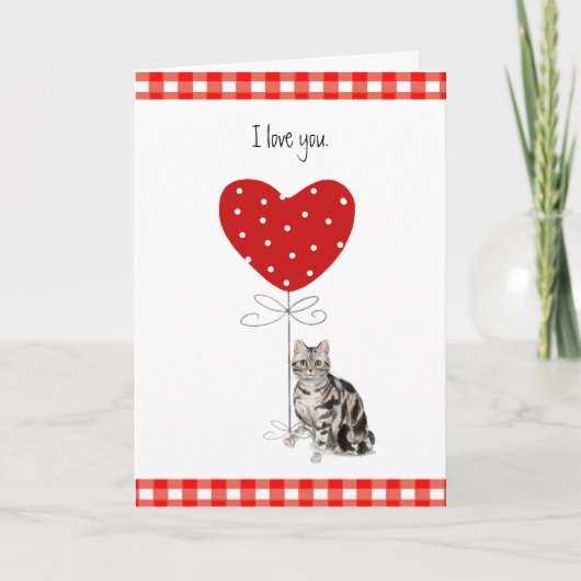 Grijze Valentijn Kat met hartballon Rood en wit Kaart (Voorkant)