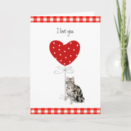 Grijze Valentijns Kat met Hart Ballon Rood & Wit Kaart