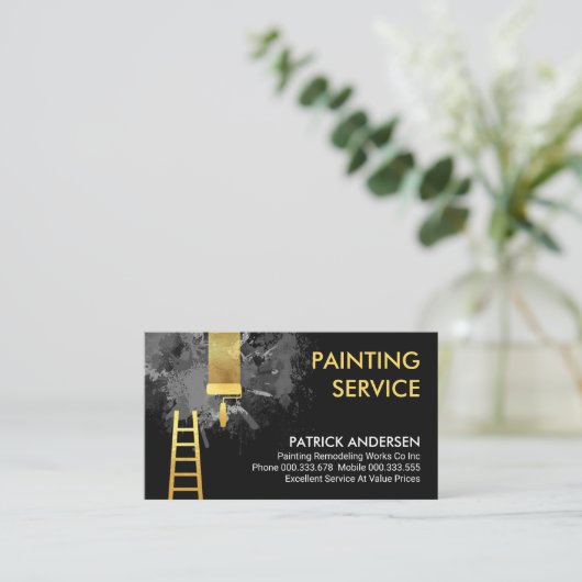Grijze Verf Splatter Gouden Borstel Schilderen Visitekaartje (Staand voorkant)