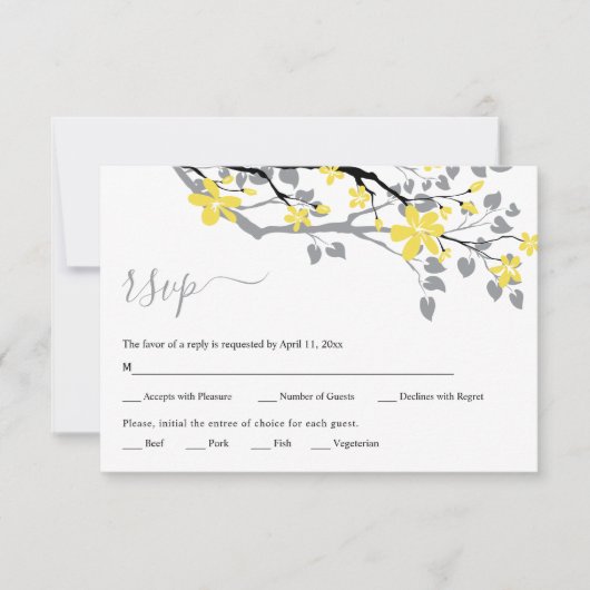 Grijze vertakking met gele bloemen bloembruiloft RSVP kaartje (Voorkant)