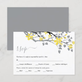 Grijze vertakking met gele bloemen bloembruiloft RSVP kaartje