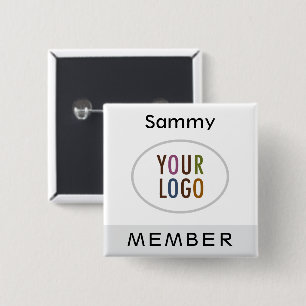 Grijze vierkante naamknop met logo-speld button 5,1 cm