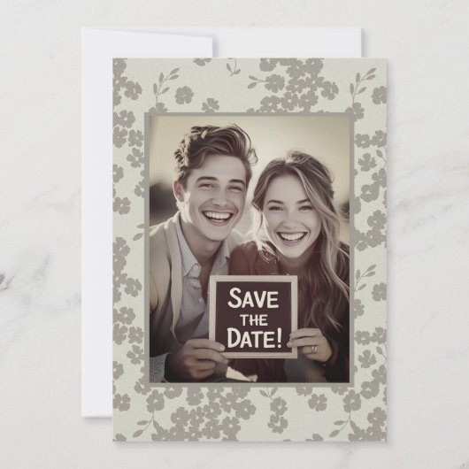 Grijze Vintage Bloem Bruiloft Save the Date Neutra (Achterkant)