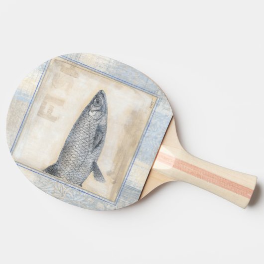 Grijze vis op beige achtergrond tafeltennisbatje (Zijkant)