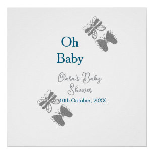 Grijze vlinder blauwe baby shower oh baby modern e perfect poster