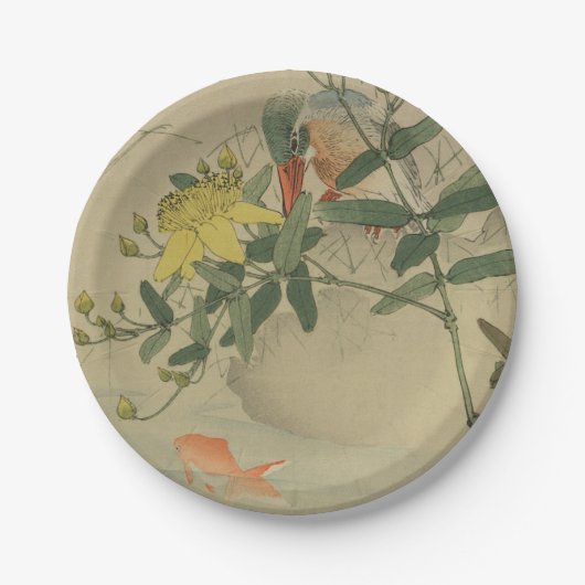 Grijze vogel Goldfish Oriental Chinoiserie Natuur  Papieren Bordje (Voorkant)