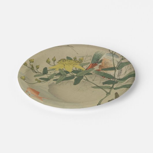 Grijze vogel Goldfish Oriental Chinoiserie Natuur  Papieren Bordje (Gekanteld)