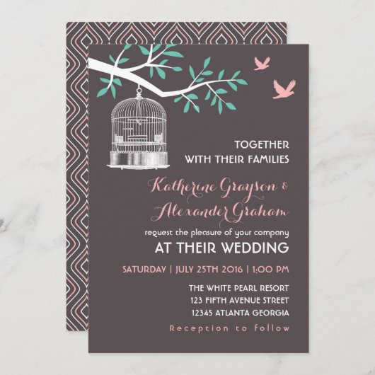 Grijze vogelkooi en uitnodiging tot huwelijk (Voorkant / Achterkant)