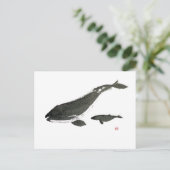 Grijze walvis mam en baby sumie inktschilderij feestdagenkaart (Staand voorkant)