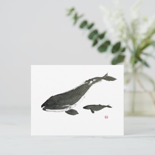 Grijze walvis mam en baby sumie inktschilderij feestdagenkaart (Staand voorkant)