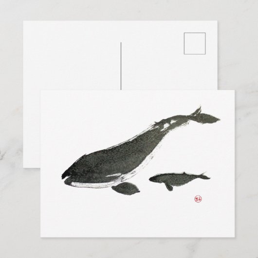 Grijze walvis mam en baby sumie inktschilderij feestdagenkaart (Voorkant / Achterkant)