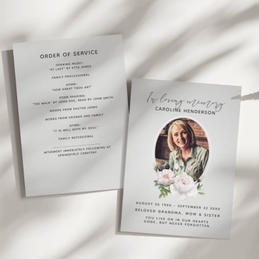 Grijze Waterverf Bloemen Foto 2-pagina begrafenis Programmakaart