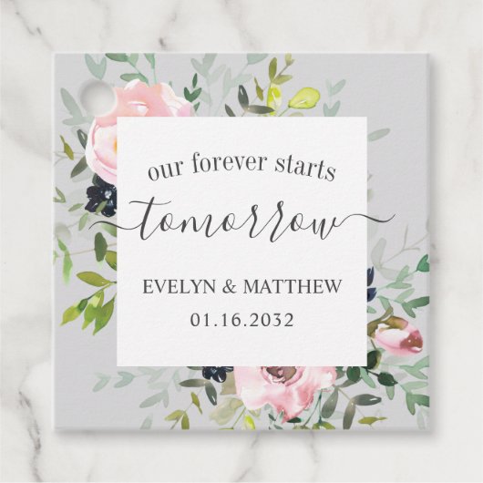 Grijze Waterverf Floral Forever begint morgen Bedankjes Labels (Voorkant)