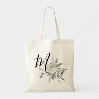 Grijze  Waterverf Floral Monogram Initiaal Tote Bag