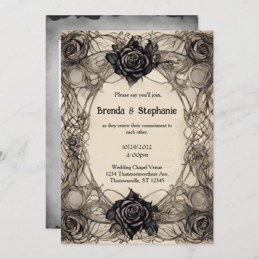 Grijze Waterverf Inkt Rozen  Gothic Bruiloft Kaart (Voorkant / Achterkant)