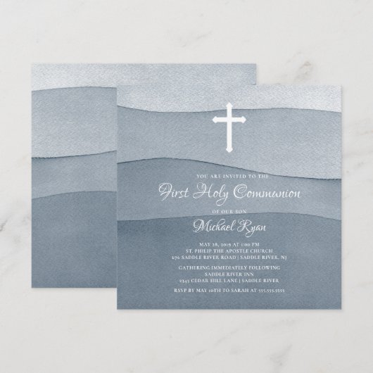 Grijze Waterverf jongens Eerste Heilige Communie Kaart (Voorkant / Achterkant)