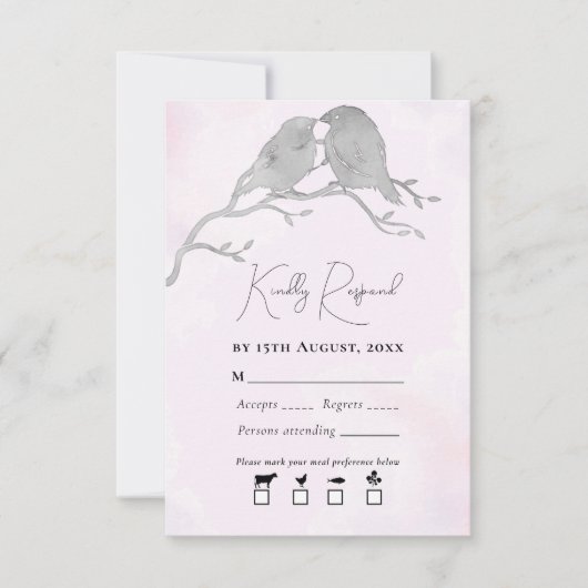 Grijze Waterverf Lovevogels op bijkantoor Bleek ro RSVP Kaartje (Voorkant)