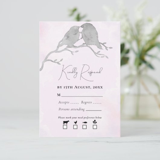 Grijze Waterverf Lovevogels op bijkantoor Bleek ro RSVP Kaartje (Staand voorkant)
