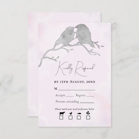 Grijze Waterverf Lovevogels op bijkantoor Bleek ro RSVP Kaartje (Voorkant / Achterkant)