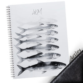Grijze Waterverf Sardine Art Custom Monogram Naam Notitieboek